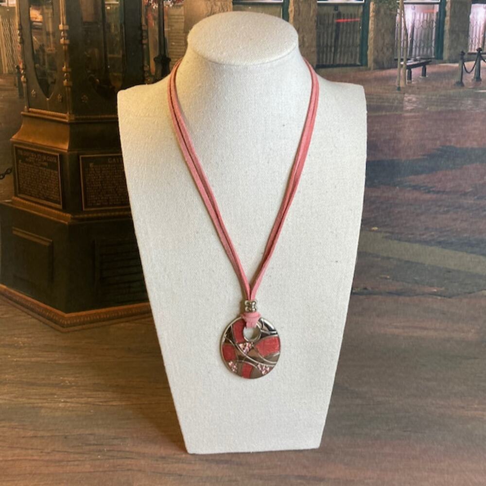 0067 Y2K Lia Sophia Pink Suede Cord Necklace w/Silver, Pink Enamel & Rhinestones